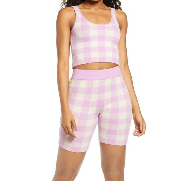 BP 2-Piece Check Crop Sweater Tank Top and Bike Shorts Purple Tulip Check - Picture 1 of 9